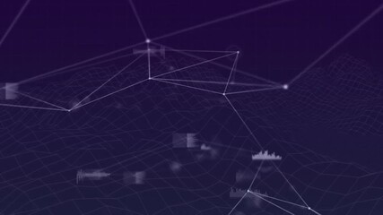 Wireframe grid plane emerging mesh forming nodes pulsing while camera panning visualizing data flow - Powered by Adobe