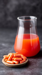 Orange capsules on small plate with glass container filled with orange liquid on dark surface, conveying health and wellness