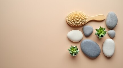 Fototapeta premium Brush, stones, and succulent on beige isolated background