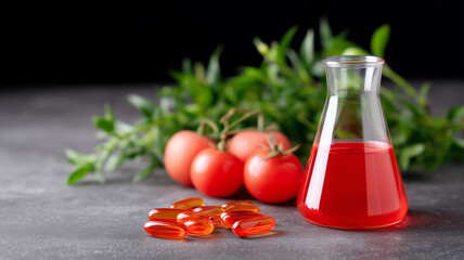 Red liquid in glass flask with red capsules and fresh tomatoes on gray surface with green leaves background