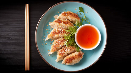 Pan fried dumpling with sesame seeds and fresh herbs served with chili dipping sauce on blue plate with chopstick