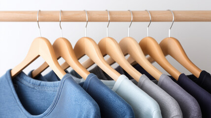 Blue, gray, and black t-shirts on wooden hangers, neatly arranged on clothing rack, minimalist style, calm and organized