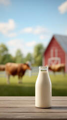 Fresh milk bottle on wooden table with cows and red barn in background, rural farm scene, natural and healthy lifestyle