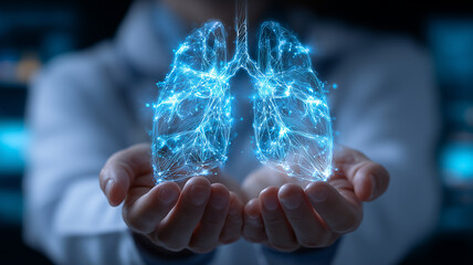 Holographic network lungs cradled in doctors hands conveying respiratory health care innovation and data connectivity.