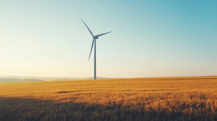 Obraz premium A wind turbine in a vast field harnessing wind energy, with clear skies and a blurred background,