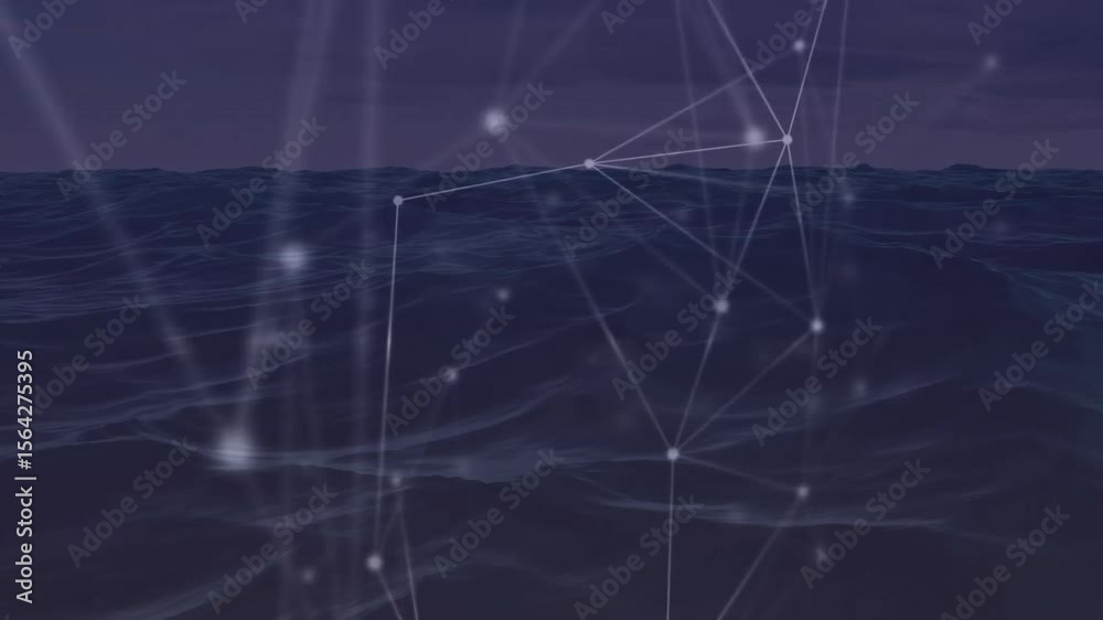 Poster faint glowing nodes appearing above ocean forming mesh pulsing rotating dissolving for network demo