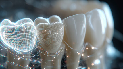 Futuristic digital dentistry visualization showing holographic mesh overlay mapping tooth enamel for precise CAD CAM modeling.
