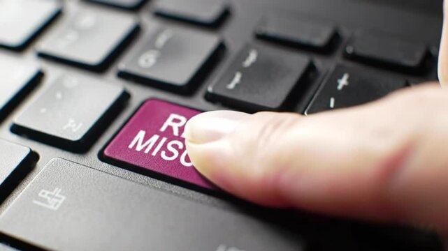 Close Up of Finger Pressing Magenta Report Misconduct Key on Black Laptop Keyboard with White Letters in Balanced