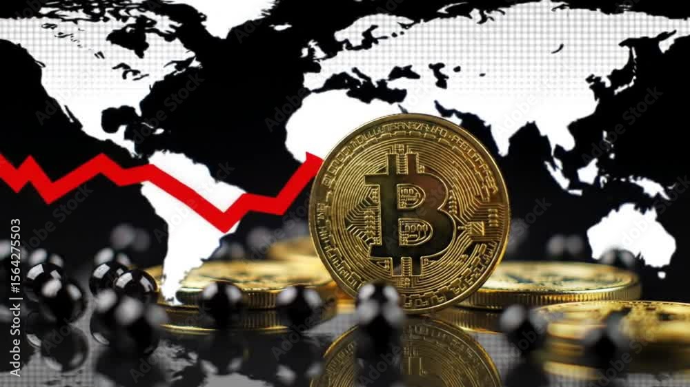 Poster declining bitcoin values with downward red arrow golden coins and world map background