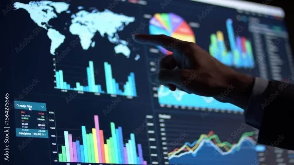 Poster finger pointing at computer screen displaying colorful global data analytics and charts in dark room