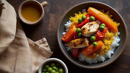Delicious Grilled Chicken with Saffron Rice and Roasted Vegetables