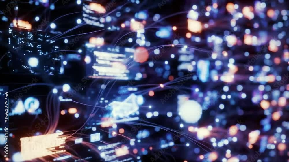 Poster Interconnected Blue And Orange Light Node Network With Streaming Data And Graphical Interface For Immersive Data