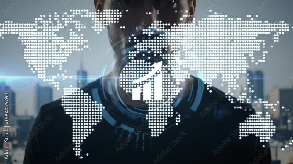 Poster man interacts with holographic global map and chart over cityscape displaying technology driven adva