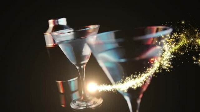 Golden sparkles forming at left edge swirling around glassware and shaker guiding olive drop