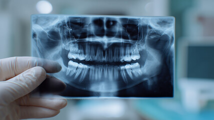 Panoramic dental X ray film held for professional examination of full jaw anatomy and oral health status.
