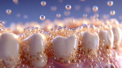Effervescent micro bubbles lift plaque from tooth surfaces in vivid macro scene of active oral hygiene cleansing.
