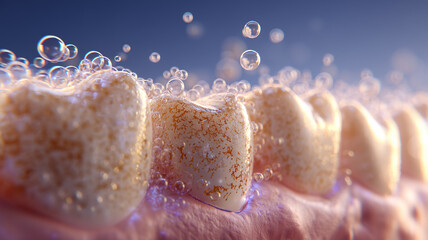 Effervescent micro bubbles lift plaque from tooth surfaces in vivid macro scene of active oral hygiene cleansing.
