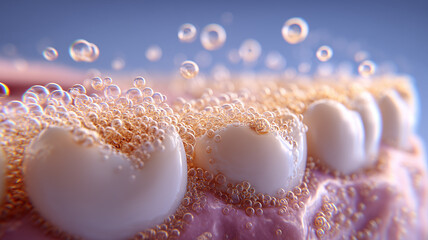 Effervescent micro bubbles lift plaque from tooth surfaces in vivid macro scene of active oral hygiene cleansing.

