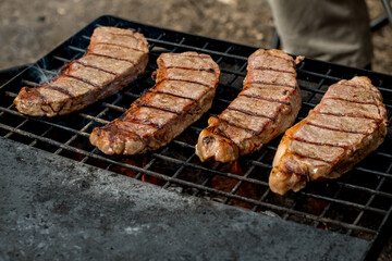 Beef steaks grilling on a cast iron grlill plate on a camp fire. Campfire cooking. Outdoor BBQ