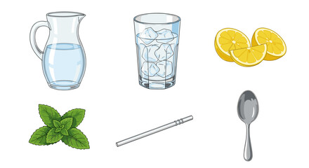 Illustration of a glass pitcher with water, glass with ice, lemons, mint, straw, and spoon arranged