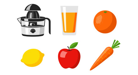Illustration of a juicer, glass of juice, orange, lemon, apple, and carrot on a white background