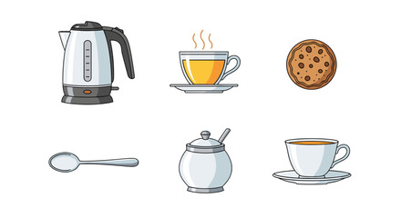 Illustration of a kettle tea cup cookie spoon sugar bowl and another tea cup on a white background