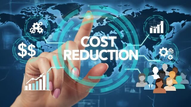 Woman Touching Cost Reduction Graphic on Blue Digital Screen Interface World Map