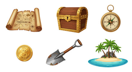 Collection of pirate themed items including a map chest compass coin shovel and tropical island scene