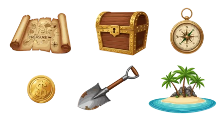 Wandcirkels Piraten Collection of pirate themed items including a map chest compass coin shovel and tropical island scene  © Luan