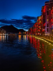 Wu Yang River night view with beautiful lights on around Zhen Yuan historical town on both sides of the river, Gui Zhou Province, China, tower,