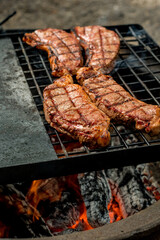 Beef steaks grilling on a cast iron grlill plate on a camp fire. Campfire cooking. Outdoor BBQ