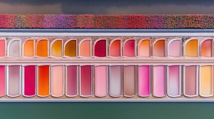 Aerial View of Colorful Salt Ponds and Blooming Flowers, Abstract Composition.