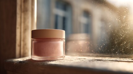 A pink cream jar mockup rests on a windowsill bathed in soft sunlight. Dust motes float in the air, and the light enhances the producta??s texture and transparency