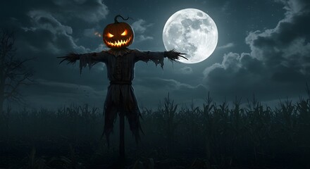 Halloween Day Spooky Halloween Scarecrow in Cornfield Under Full Moon