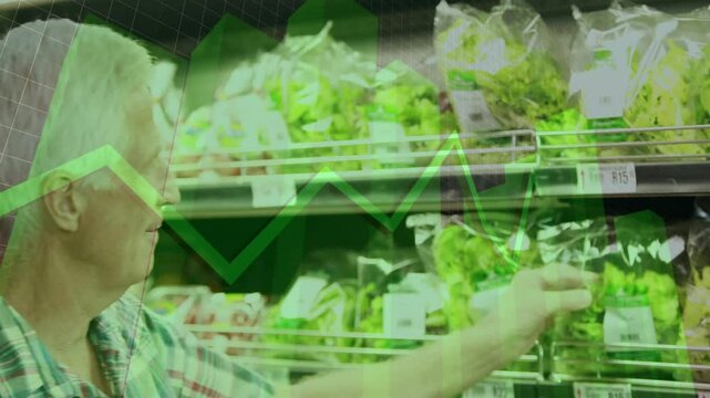 Shopper peering at produce labels grabbing plastic bag causing green graph indicating satisfaction