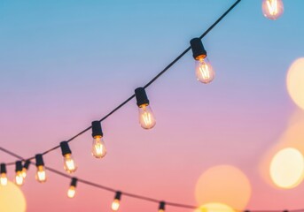 String lights glow against a beautiful gradient sunset sky