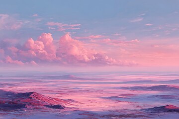 A pink desert plateau glows under a soft pastel sunrise, with clouds drifting lazily across the horizon. The dreamlike quality suggests serenity and exploration