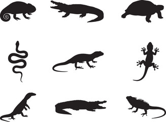 Collection of Nine Reptile Silhouettes:  Chameleon, Crocodile, Turtle, Snake, Lizard, Gecko, Monitor Lizard, Alligator, Iguana.