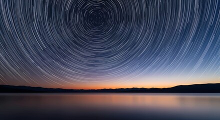 Celestial Symphony: A breathtaking panorama of a star trail, swirling above a serene body of water with the gentle glow of the sunrise