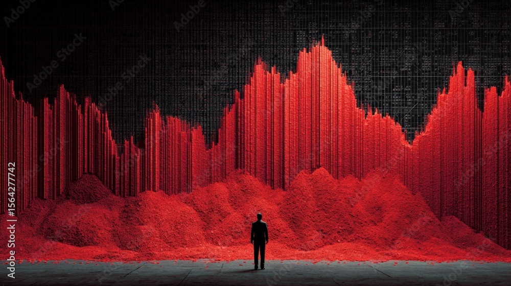 Poster Abstract Digital Art Installation with Red Vertical Light Bars and Mountain-Like Structure Creating a Surreal and Futuristic Scene