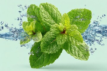 Fresh vibrant green mint leaves with water splash background for herbal medicine cooking and natural freshness concept