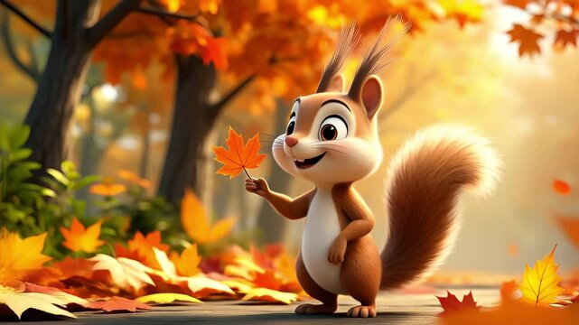Cheerful cartoon squirrel holding a colorful autumn leaf amidst a vibrant forest of fall foliage and warm sunlight