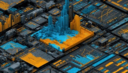 High-tech digital cityscape with 3D bar graphs and data analytics visualization representing financial growth technology and urban data networks