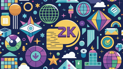 Colorful geometric icons and symbols on dark blue background 2 K abstract bright