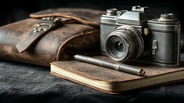 Vintage Camera and Leather Notebook on Dark Background Setting
