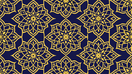 Seamless pattern of golden mandala motifs on a dark navy blue background geometric