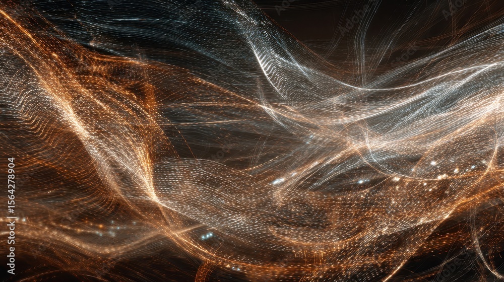 Poster abstract design with flowing lines and shimmering particles.