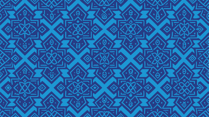 Seamless geometric pattern in shades of blue with intricate tribal motifs ethnic