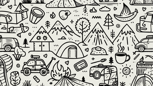 Black and white doodle pattern of camping and outdoor adventure elements nature travel