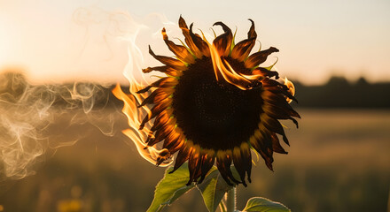 Dramatic Sunflower Ablaze: Fiery Petals and Wisps of Smoke Against Sunset Background, Conceptual Metaphor